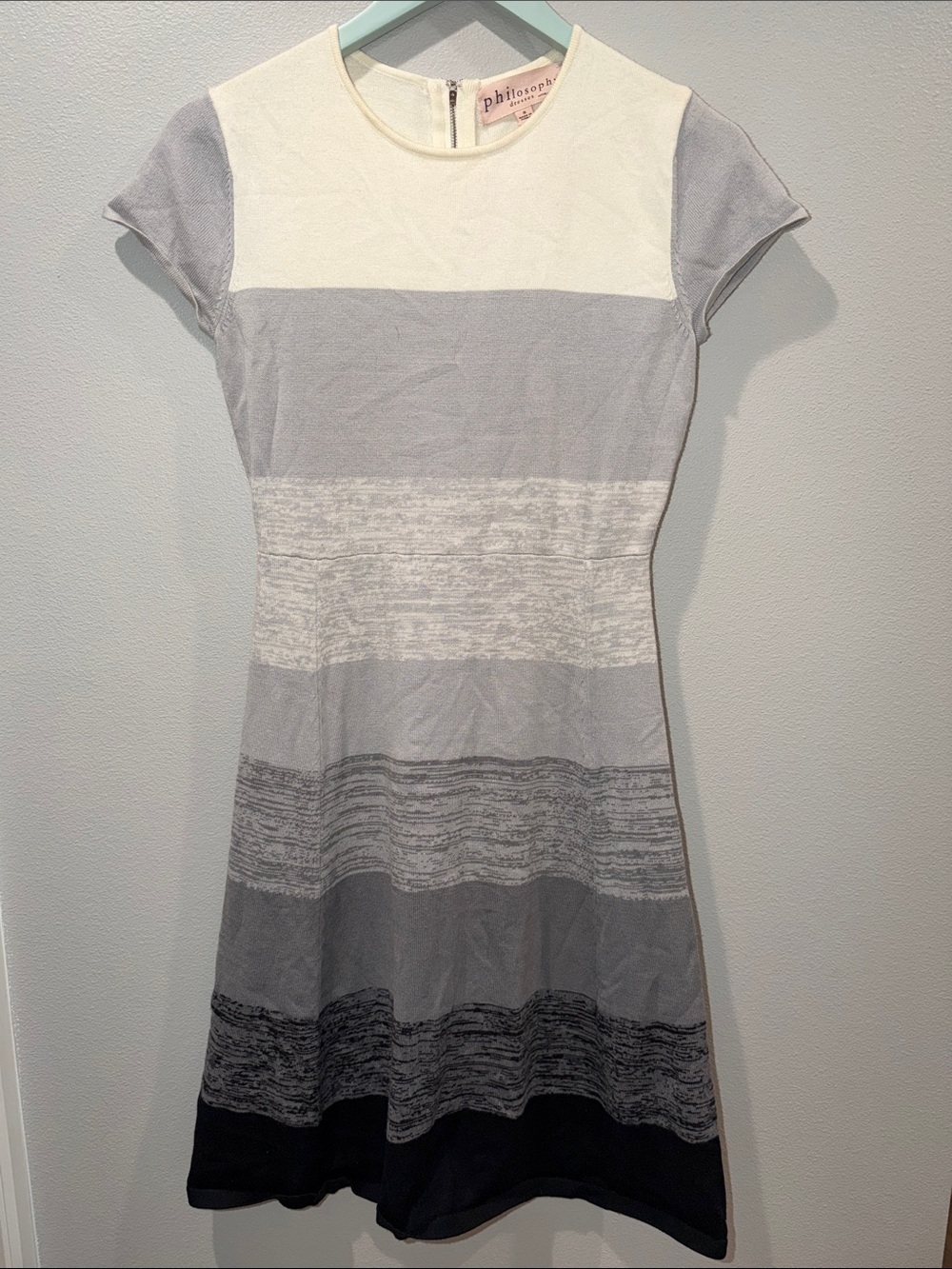 Philosophy Striped Knit Fit-and-Flare Dress in Grey and Cream Size Small